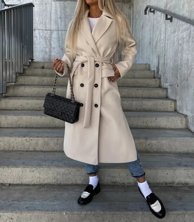 Women's long belted double-breasted trench coat with lapels