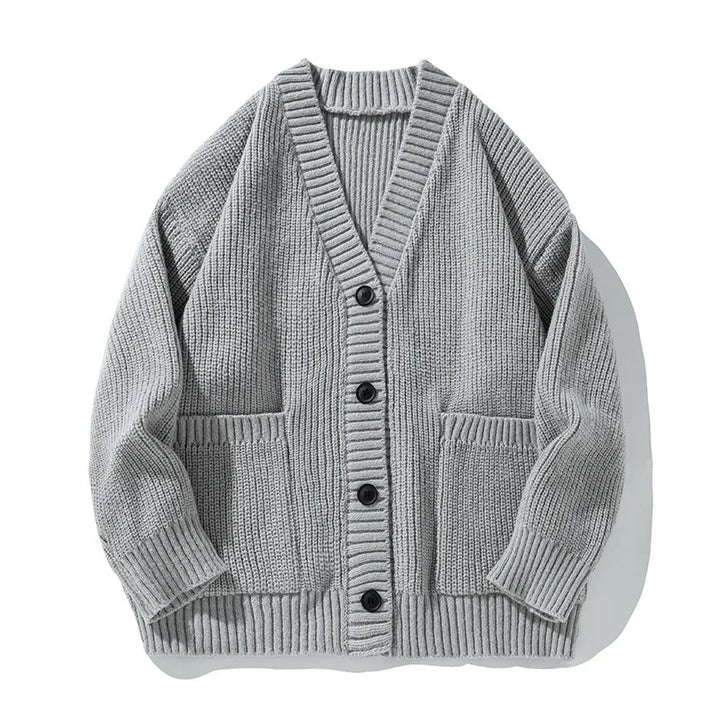 Women's oversized ribbed knit cardigan with V-neck, buttons and front pockets