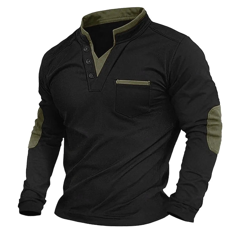 Men's black V-neck sweatshirt with stand collar and contrasting elbow patches