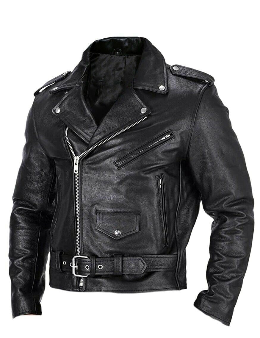Men's biker jacket with asymmetric zip, lapel collar, zipped pockets and belted waist