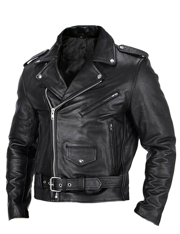 Men's biker jacket with asymmetric zip, lapel collar, zipped pockets and belted waist