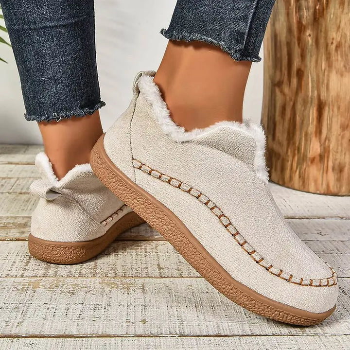 Women's fur-trimmed slip-on ankle boots with round toes and flat textured soles