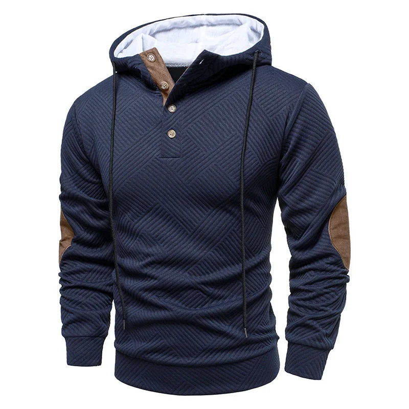 Men's textured geometric hoodie with drawstring hood and contrasting elbow panels