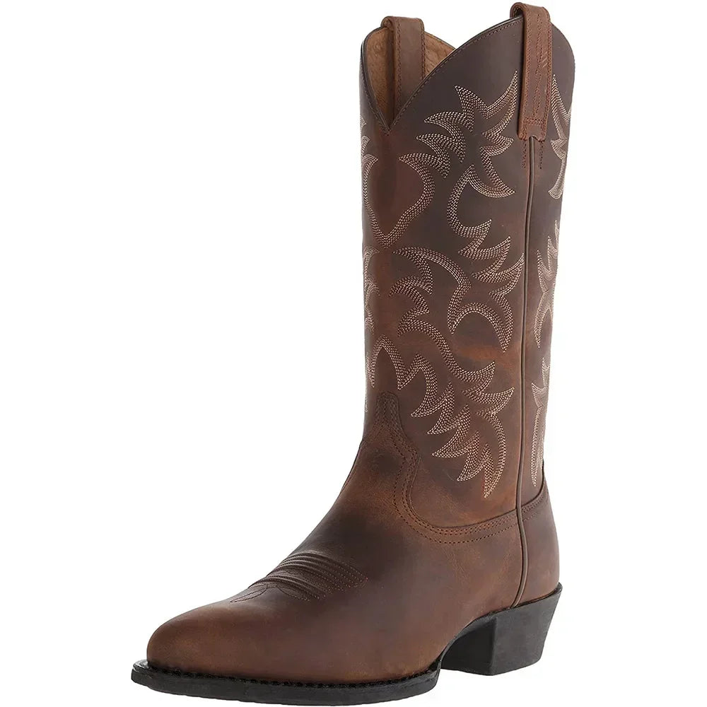 Men's tall cowboy boots with embroidered shaft detailing and low heels