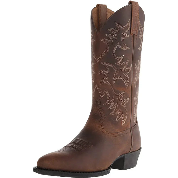 Men's tall cowboy boots with embroidered shaft detailing and low heels