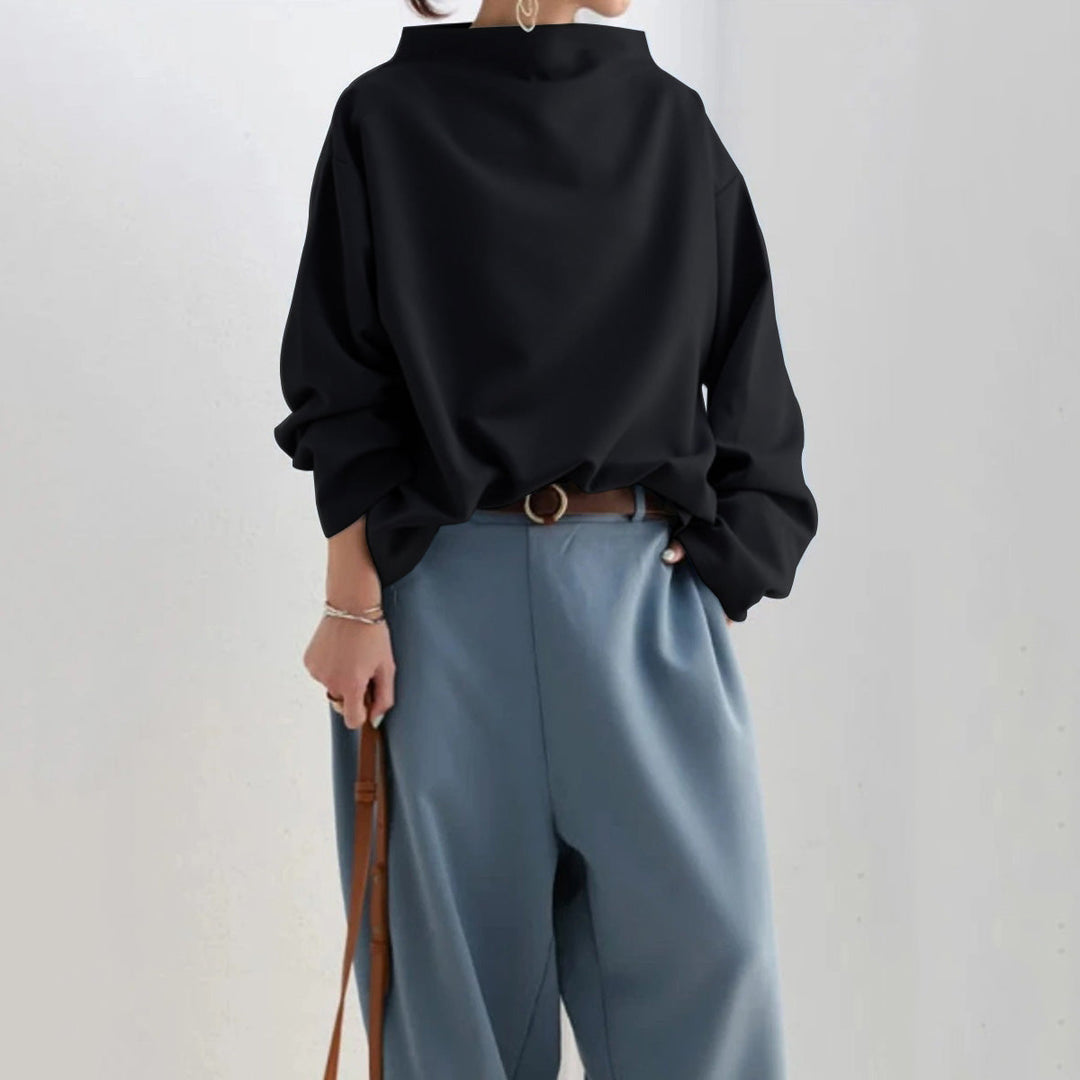 Black high-neck pullover sweater with long sleeves
