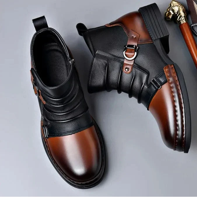 Unisex contrast-toe ankle boots with laces and buckle straps