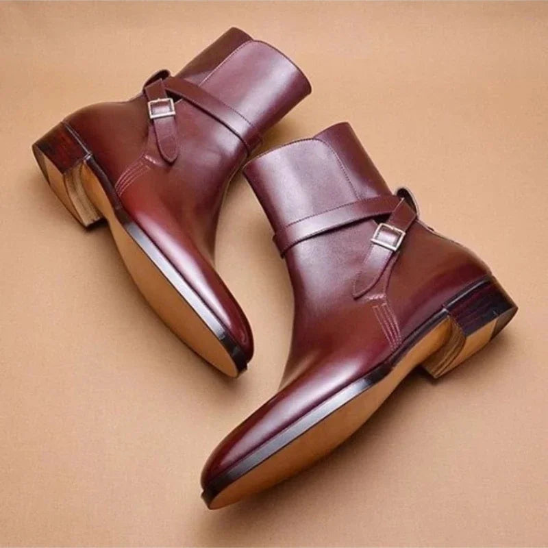 Ankle boots with pointed toes, buckle straps and low block heels