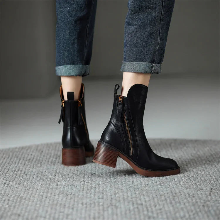 Women's plain mid-calf boots with side zips and block heels