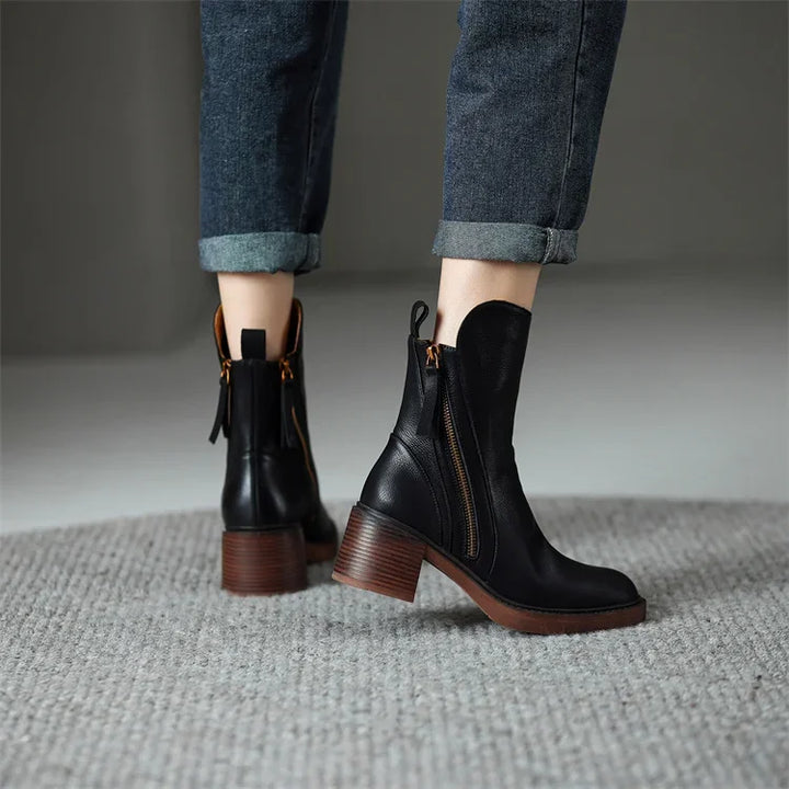 Women's plain mid-calf boots with side zips and block heels