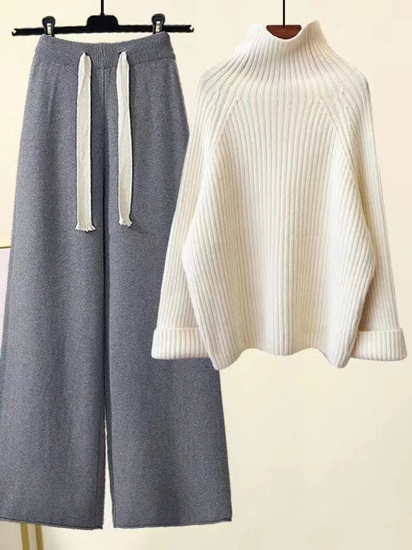 Women's ribbed jumper and wide-leg drawstring trousers set