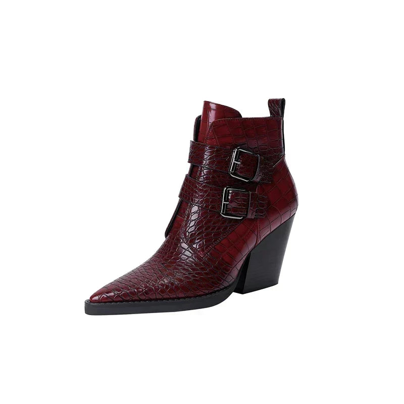 Women's pointed toe ankle boots with two buckle straps and block heel