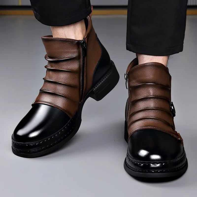 Unisex contrast-toe ankle boots with laces and buckle straps