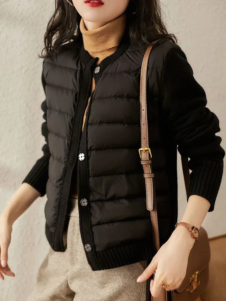 Women's padded panel jacket with long sleeves, round neck and button front