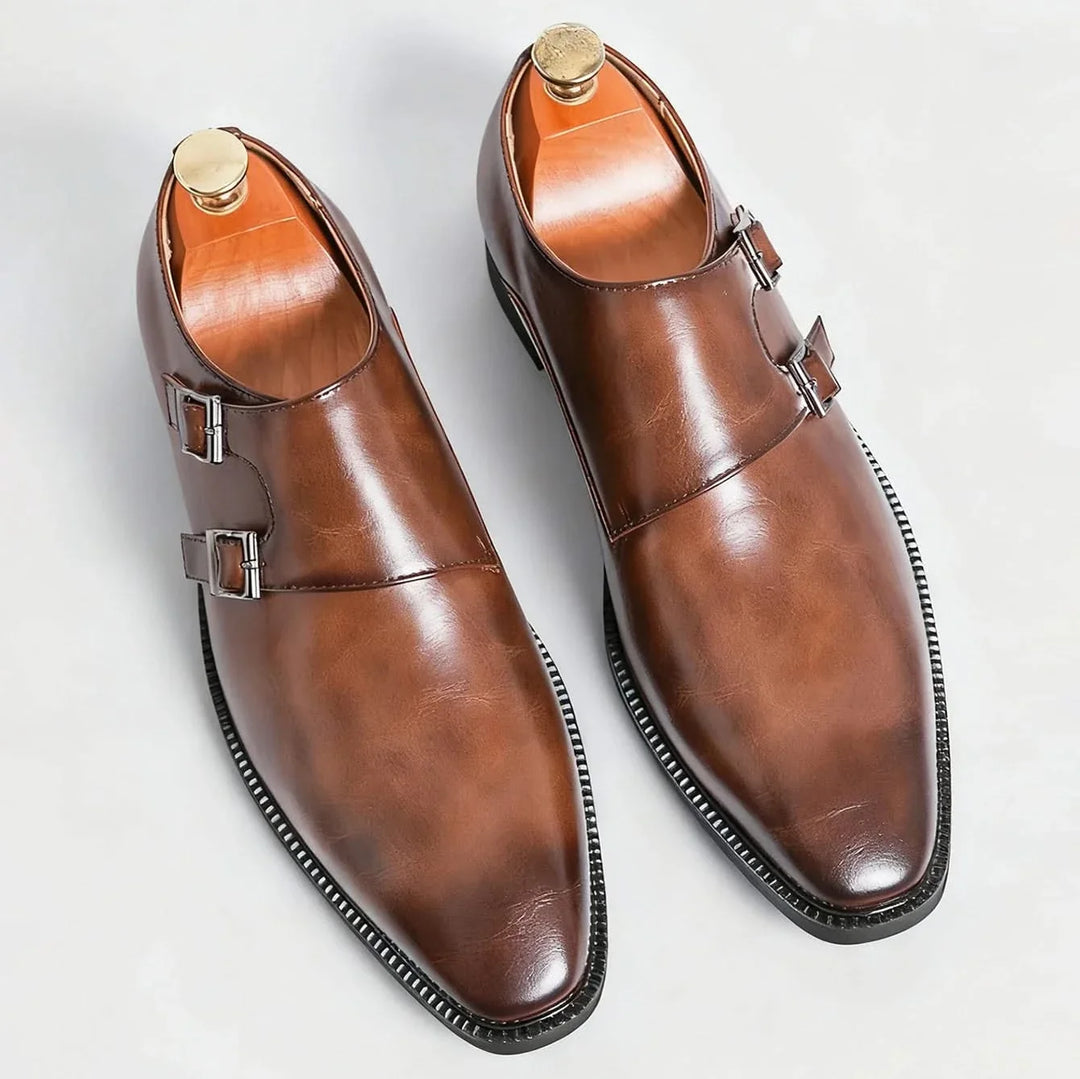 Men's double monk strap loafers with buckles and almond toes