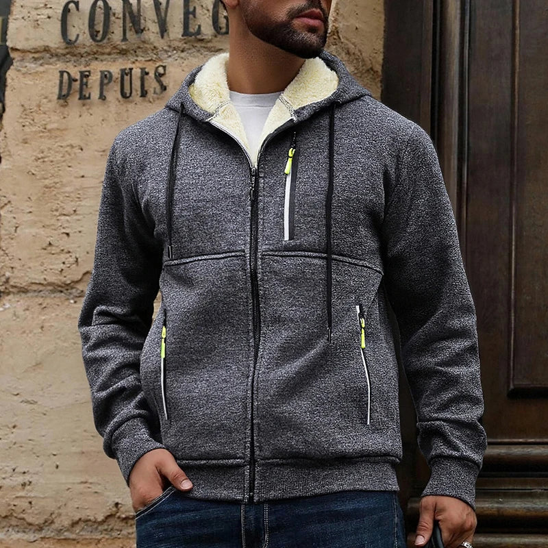 Men's hooded zip jacket with fleece-style lining and zipped pockets