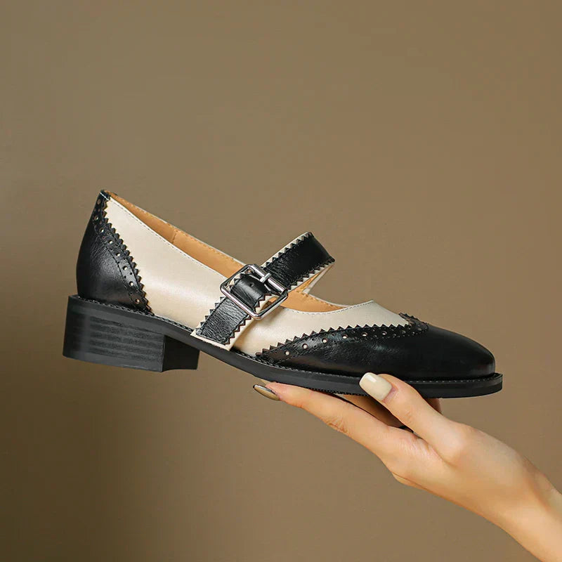 Harlow | Women's Two-Tone Leather Mary Jane Shoes Brogue T-Strap