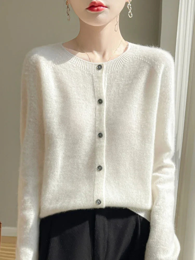 Women's knitted button-front cardigan with round neck and long sleeves