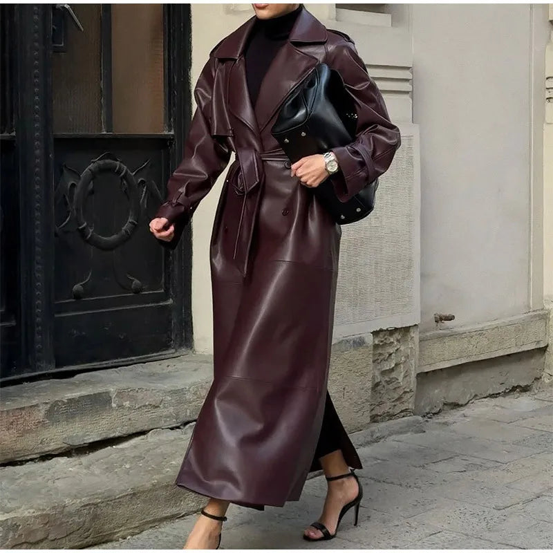 Women's long wine coat with lapel collar, belt and front buttons