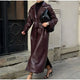Women's long wine coat with lapel collar, belt and front buttons