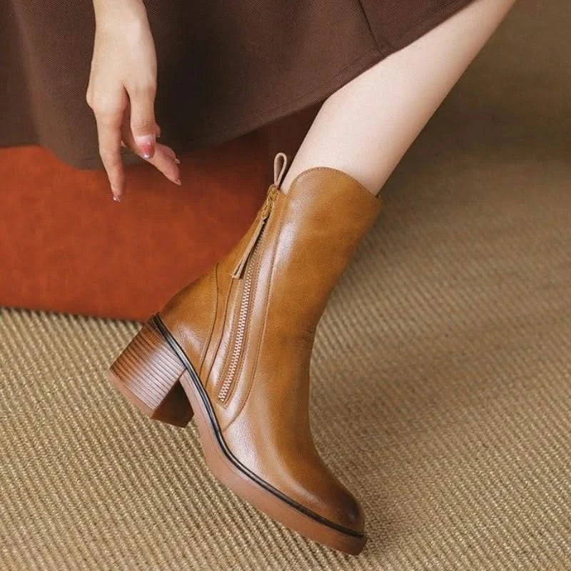 Women's ankle boots with side zippers and mid block heels