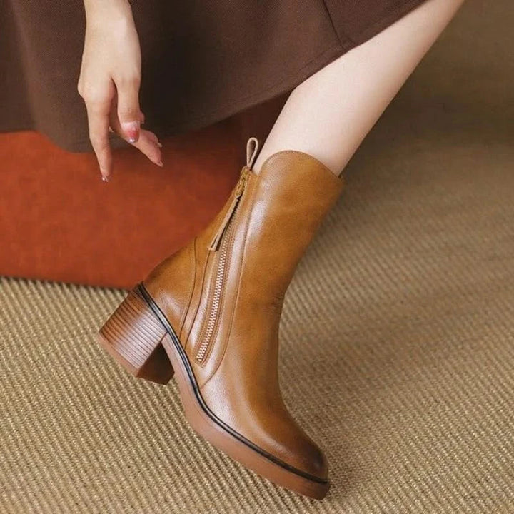 Women's ankle boots with side zippers and mid block heels