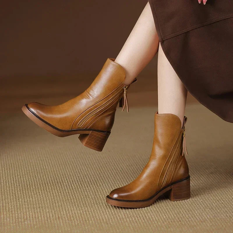 Women's plain mid-calf boots with side zips and block heels