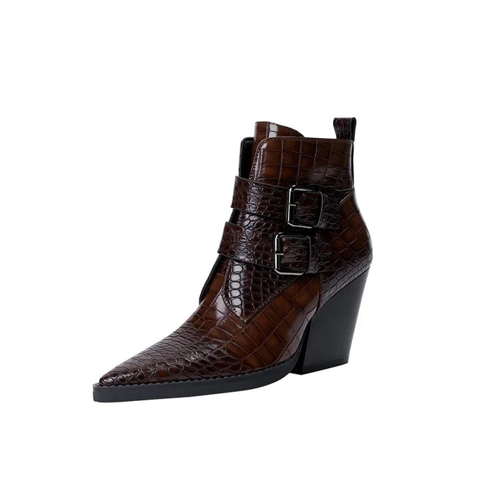 Women's pointed toe ankle boots with two buckle straps and block heel
