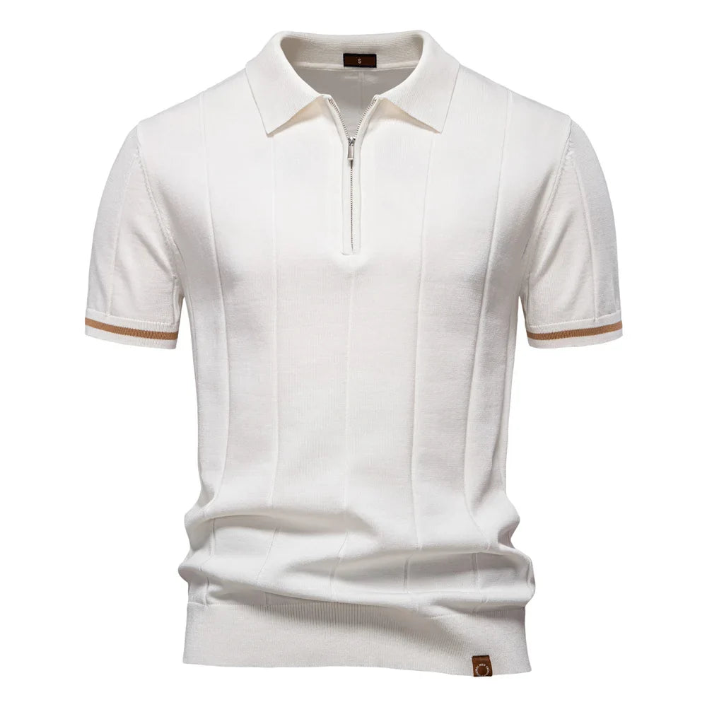 Men's short-sleeve polo shirt with half-zip collar and panel detail