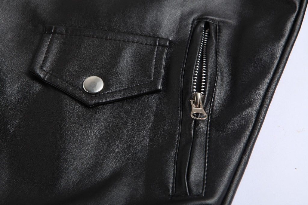 Men's biker jacket with asymmetric zip, lapel collar, zipped pockets and belted waist