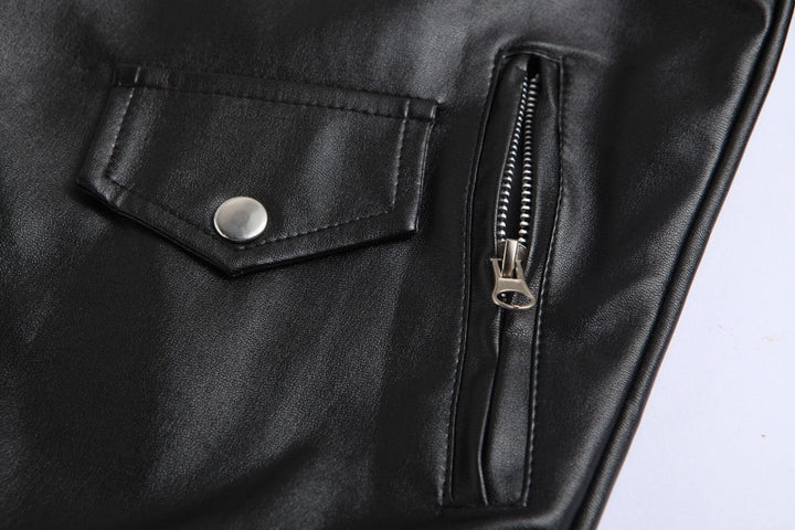 Men's biker jacket with asymmetric zip, lapel collar, zipped pockets and belted waist