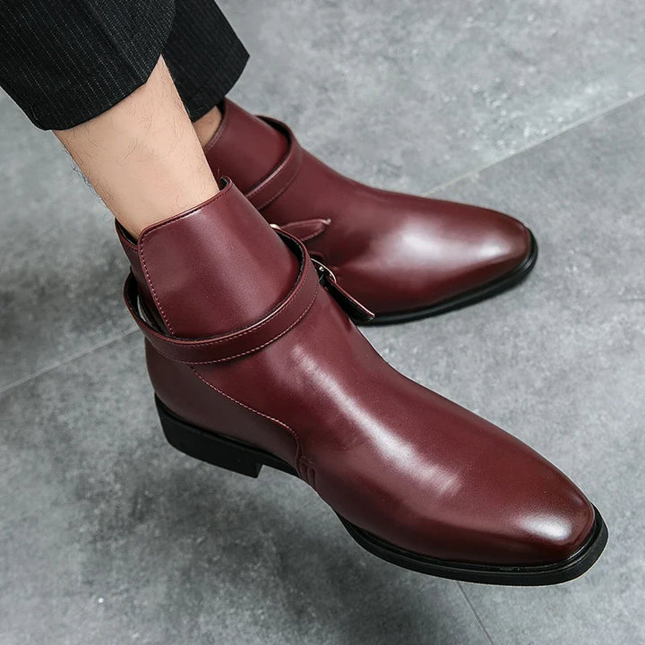 Ankle boots with pointed toes, buckle straps and low block heels