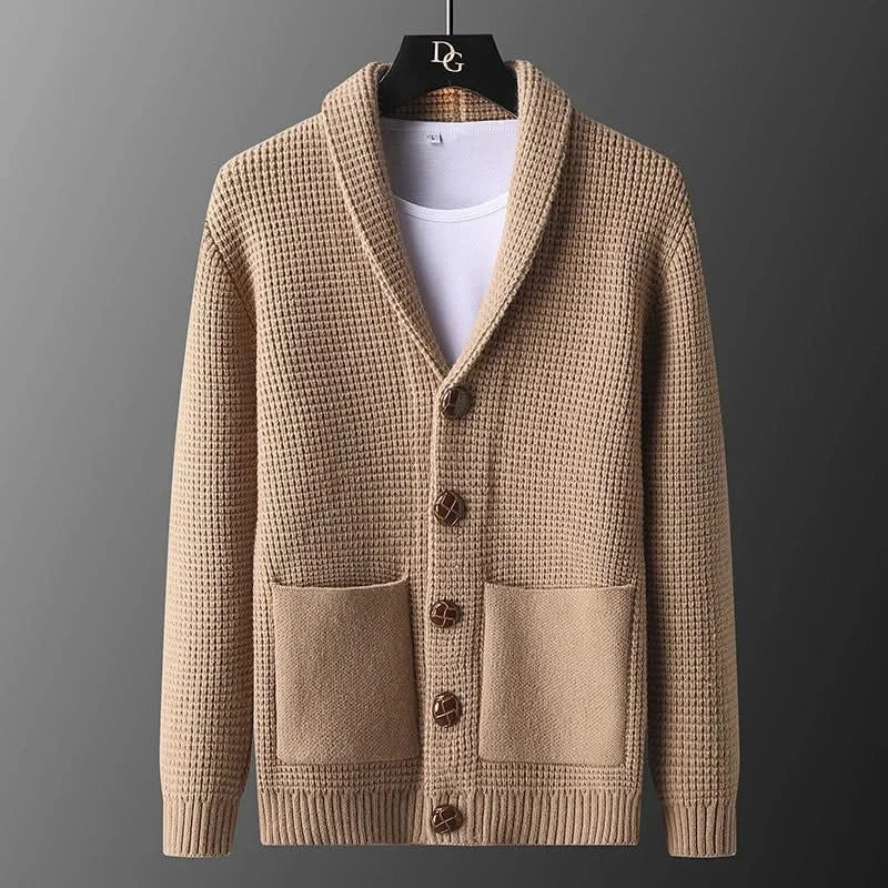 Men's textured knit cardigan with shawl collar, buttons and patch pockets