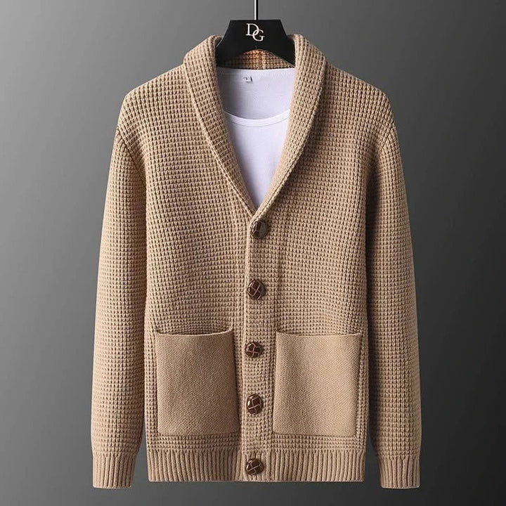 Men's textured knit cardigan with shawl collar, buttons and patch pockets