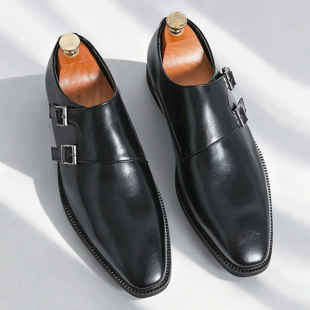 Men's double monk strap loafers with buckles and almond toes