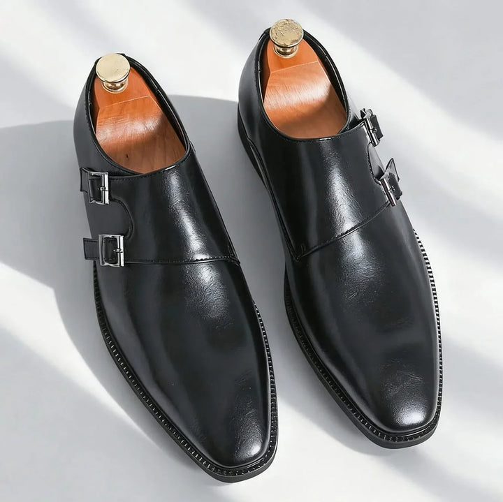 Men's double monk strap loafers with buckles and almond toes