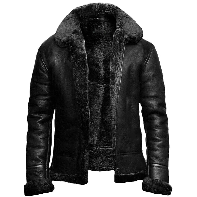 Hooded leather coat with textured lining and zip front