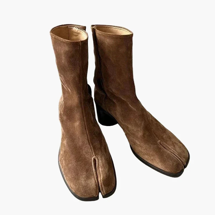 Women's Tabi mid-calf boots with split toes and block heels
