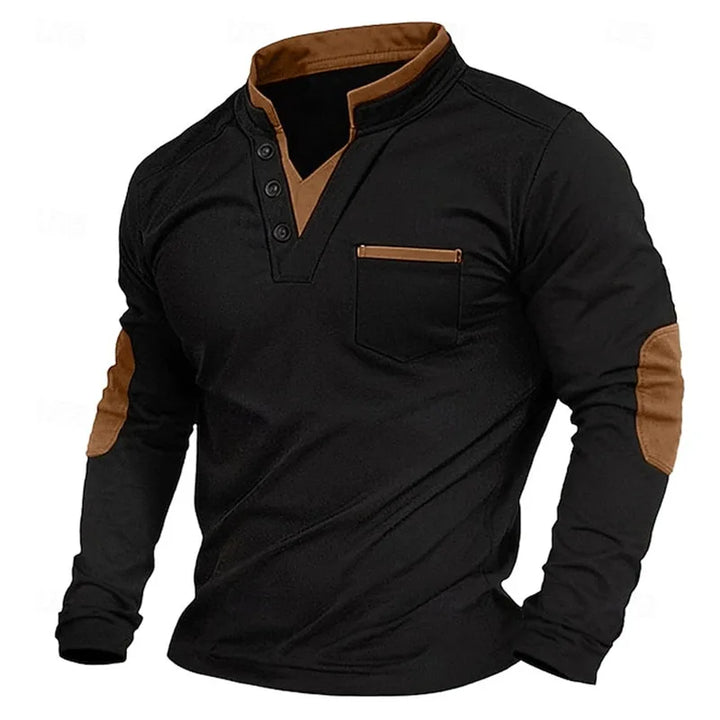 Men's black V-neck sweatshirt with stand collar and contrasting elbow patches