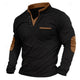 Men's black V-neck sweatshirt with stand collar and contrasting elbow patches
