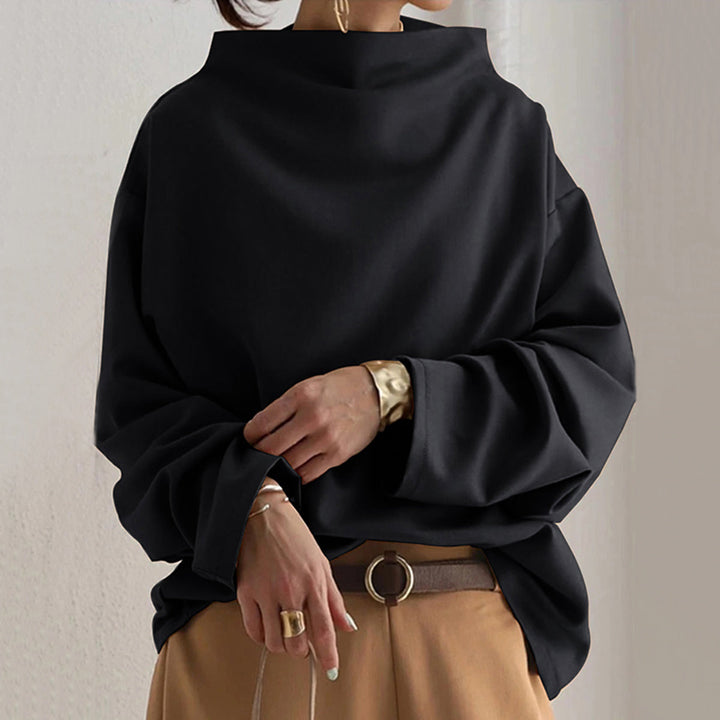 Black high-neck pullover sweater with long sleeves