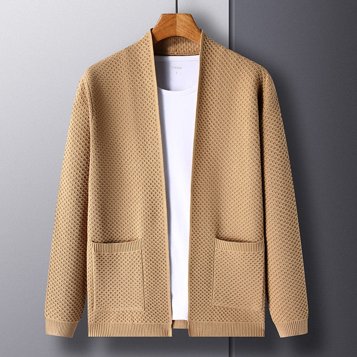 Men's textured open front cardigan with long sleeves and patch pockets