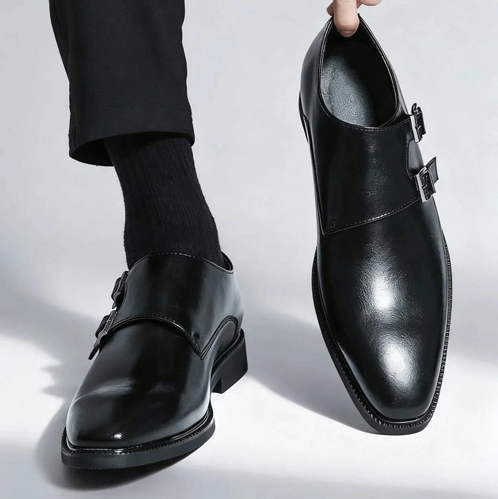 Men's double monk strap loafers with buckles and almond toes