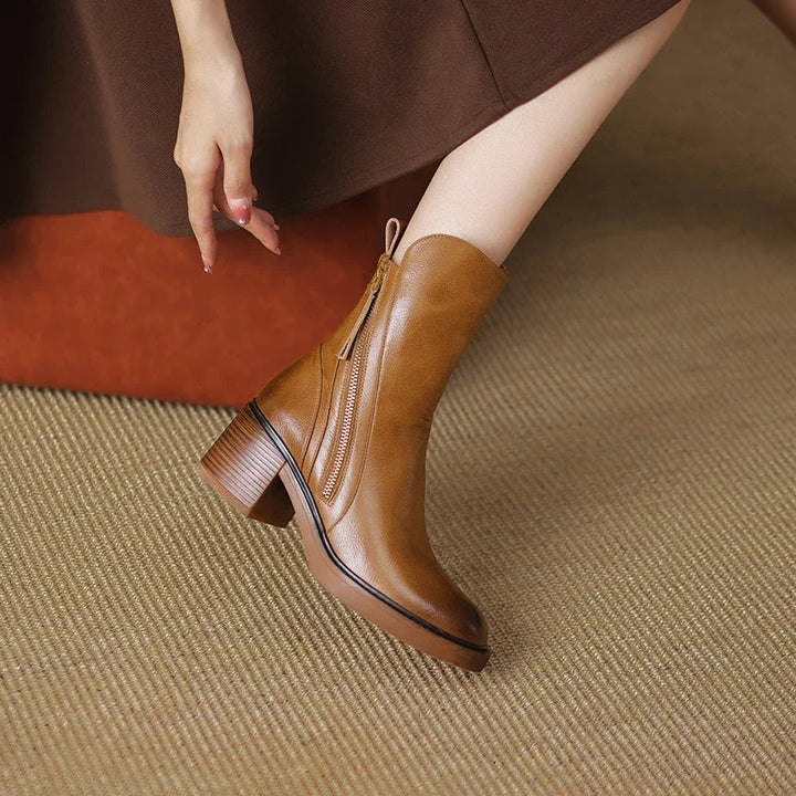 Women's plain mid-calf boots with side zips and block heels