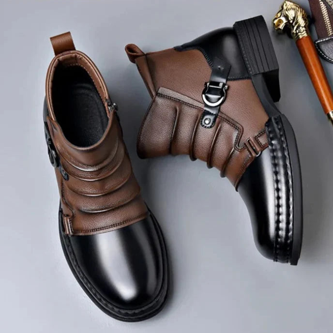 Unisex contrast-toe ankle boots with laces and buckle straps