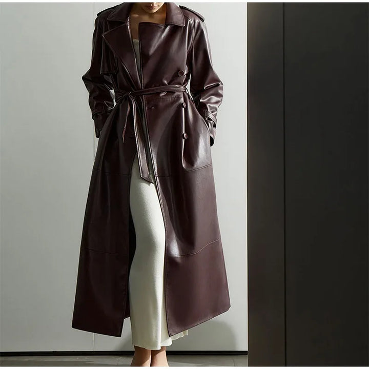 Women's long wine coat with lapel collar, belt and front buttons