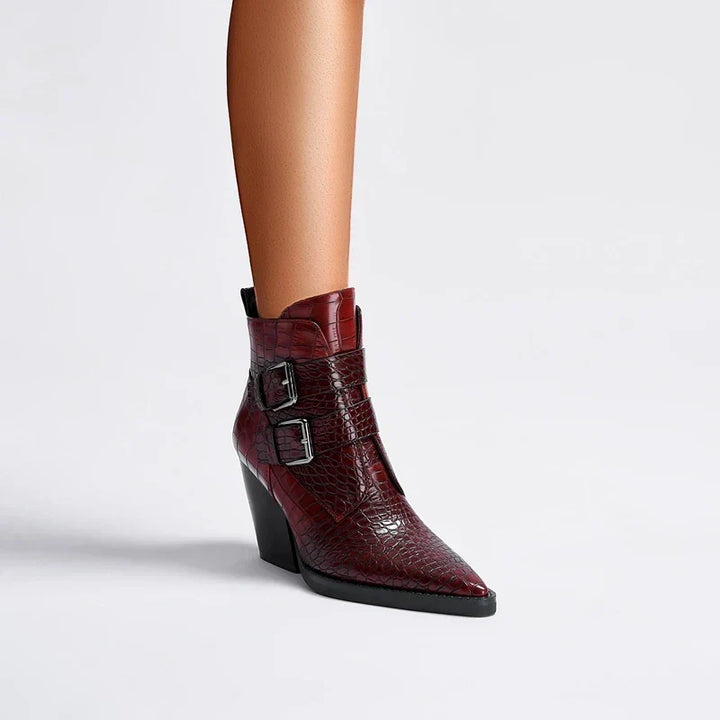 Women's pointed toe ankle boots with two buckle straps and block heel