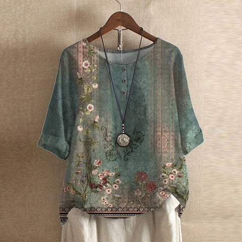 Women's Floral Print Blouse, Round Neck, Half Sleeve