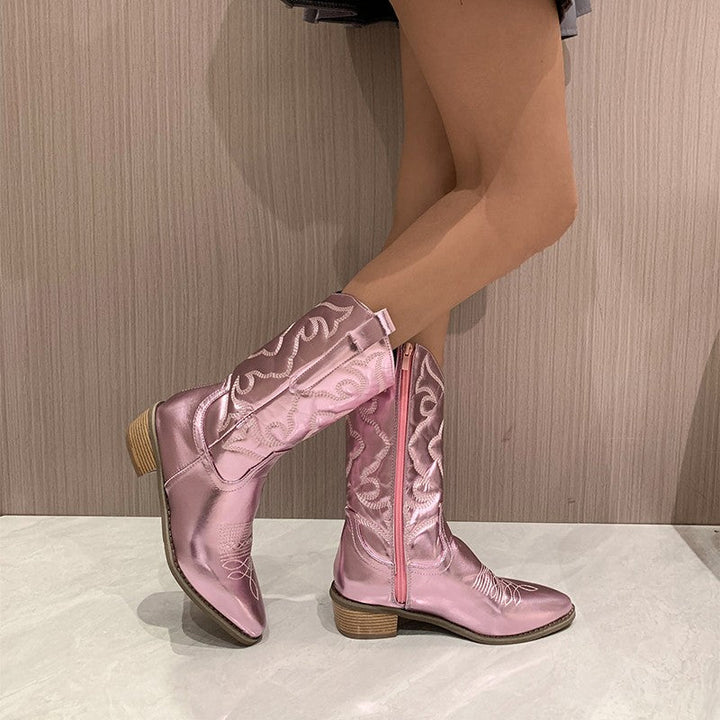Women's metallic cowboy boots with pointed toes and embroidered shaft detail
