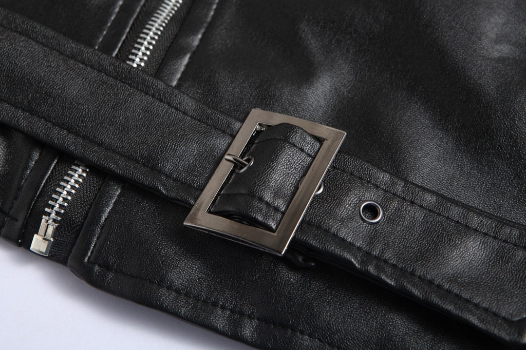 Men's biker jacket with asymmetric zip, lapel collar, zipped pockets and belted waist